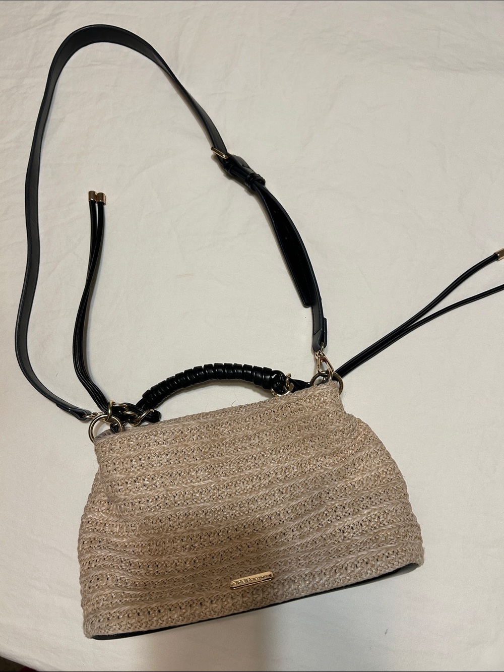 BCBG Natural Straw Crossbody Bag with Black Strap and Handle